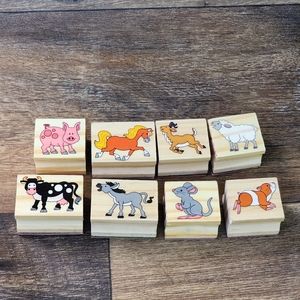 LOT OF 8 FARM ANIMALS PIG COW HORSE DONKEY SHEEP WOOD MOUNTED RUBBER STAMPS ART